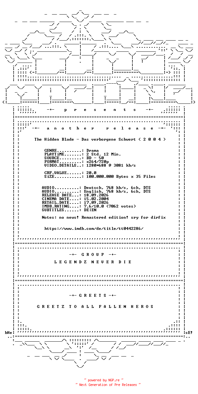 NFO for the release The.Hidden.Blade.REMASTERED.REAL.DIRFIX..2004.German.DL.720p.BluRay.x264-TM by TM