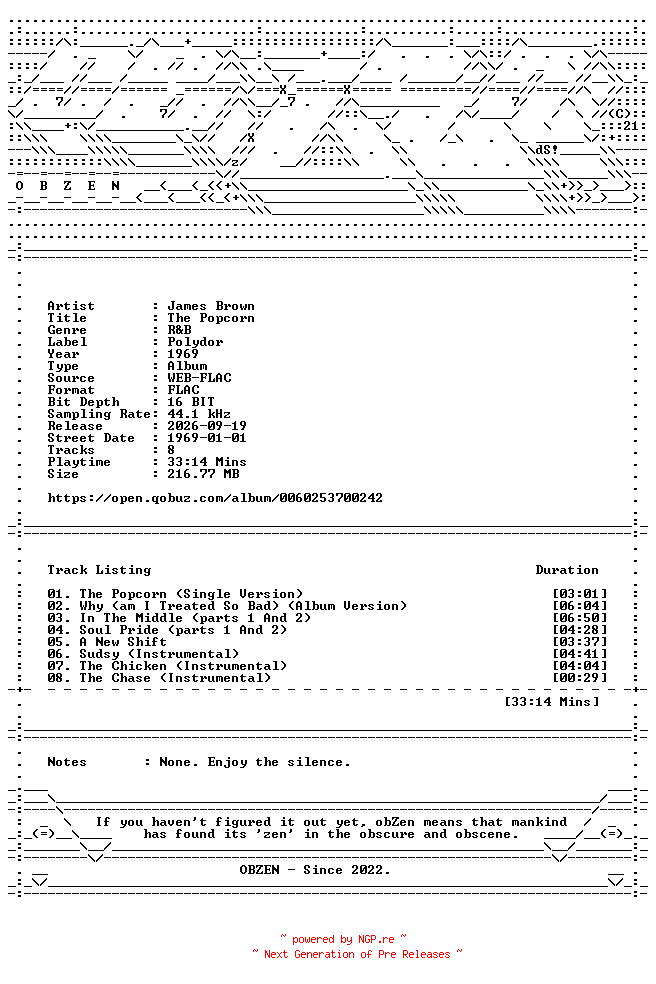 NFO for the release James_Brown-The_Popcorn-16BIT-WEB-FLAC-1969-OBZEN by OBZEN