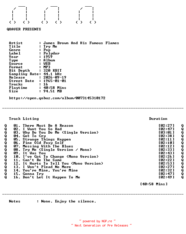 NFO for the release James_Brown_And_His_Famous_Flames-Try_Me-WEB-1959-QUAVER by QUAVER