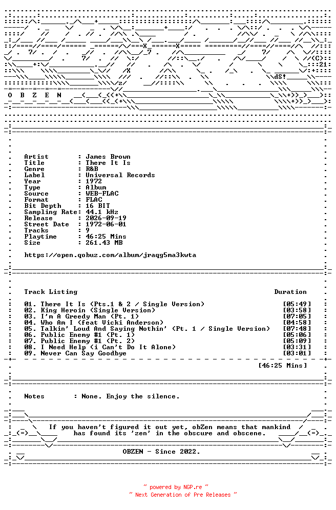 NFO for the release James_Brown-There_It_Is-16BIT-WEB-FLAC-1972-OBZEN by OBZEN