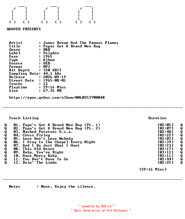 NFO for the release James_Brown_And_The_Famous_Flames-Papas_Got_A_Brand_New_Bag-WEB-1965-QUAVER by QUAVER
