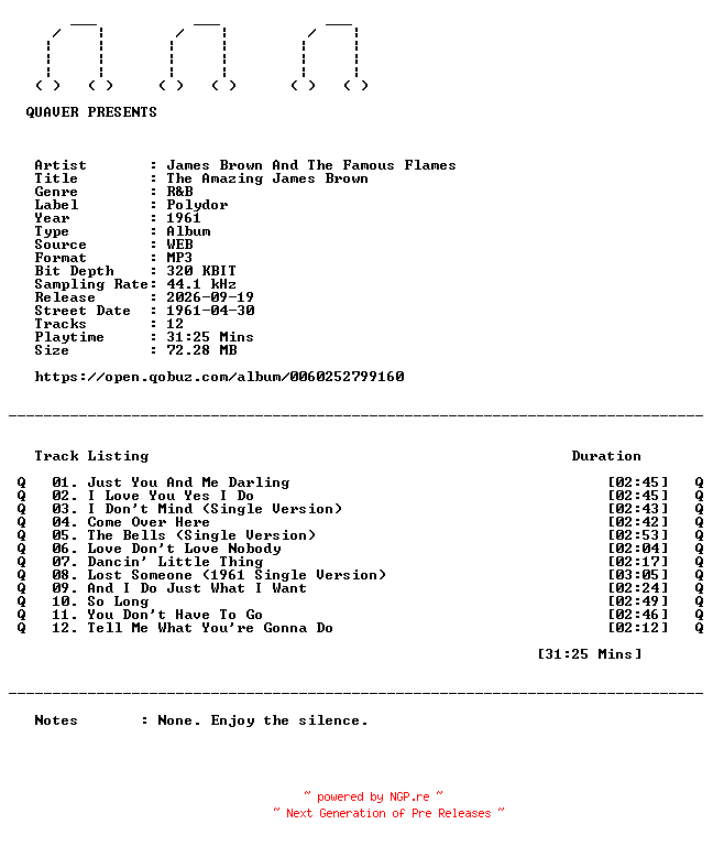 NFO for the release James_Brown_And_The_Famous_Flames-The_Amazing_James_Brown-WEB-1961-QUAVER by QUAVER