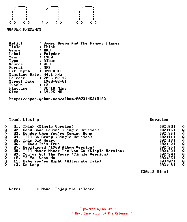 NFO for the release James_Brown_And_The_Famous_Flames-Think-WEB-1960-QUAVER_iNT by QUAVER_iNT