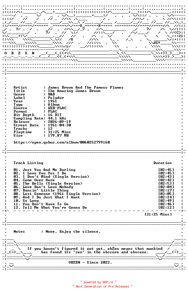 NFO for the release James_Brown_And_The_Famous_Flames-The_Amazing_James_Brown-16BIT-WEB-FLAC-1961-OBZEN by OBZEN