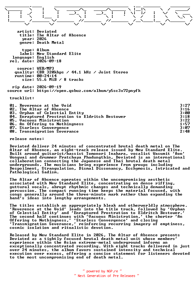 NFO for the release Deviated-The_Altar_of_Absence-WEB-2026-BLEEDiNG by BLEEDiNG