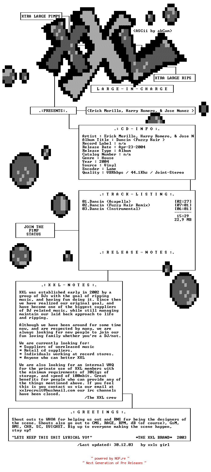 NFO for the release Erick_Morillo_Harry_Romero_And_Jose_Nunez_Feat_Jessica_Eve-Dancin-Retail_Vinyl-2004-XXL by XXL