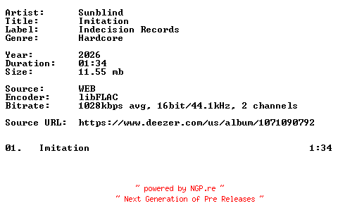 NFO for the release Sunblind-Imitation-Single-16BIT-WEB-FLAC-2026-VEXED by VEXED