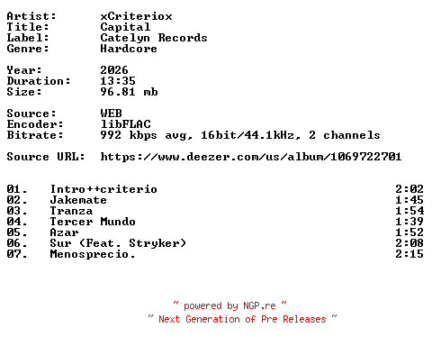 NFO for the release xCriteriox-Capital-16BIT-WEB-FLAC-2026-VEXED by VEXED