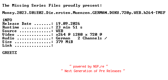 NFO for the release Money.2023.S01E02.Die.ersten.Muenzen.GERMAN.DOKU.720p.WEB.h264-TMSF by TMSF
