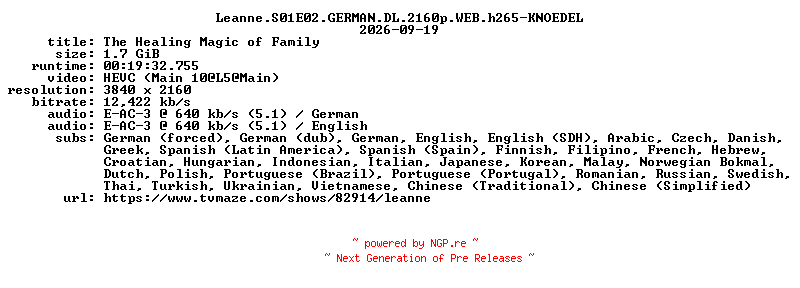 NFO for the release Leanne.S01E02.GERMAN.DL.2160p.WEB.h265-KNOEDEL by KNOEDEL