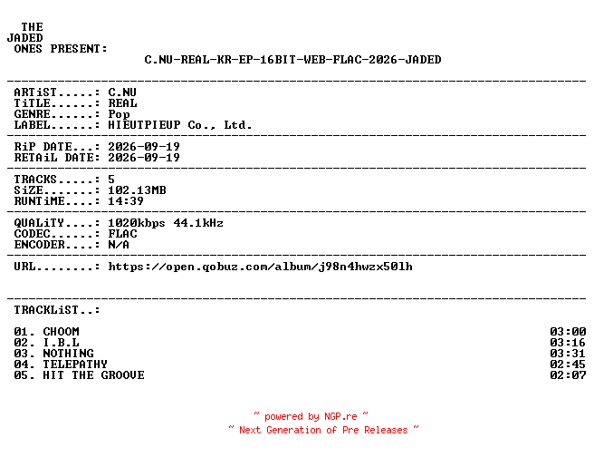 NFO for the release C.NU-REAL-KR-EP-16BIT-WEB-FLAC-2026-JADED by JADED