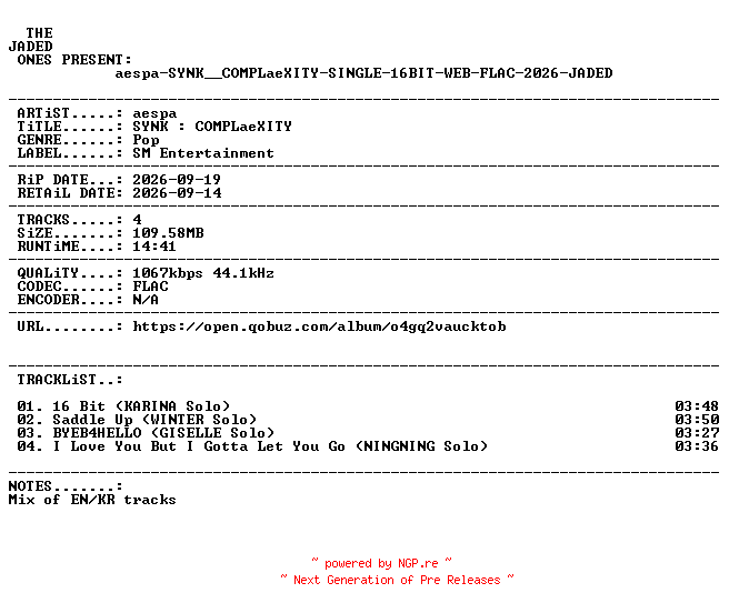 NFO for the release aespa-SYNK__COMPLaeXITY-SINGLE-16BIT-WEB-FLAC-2026-JADED by JADED