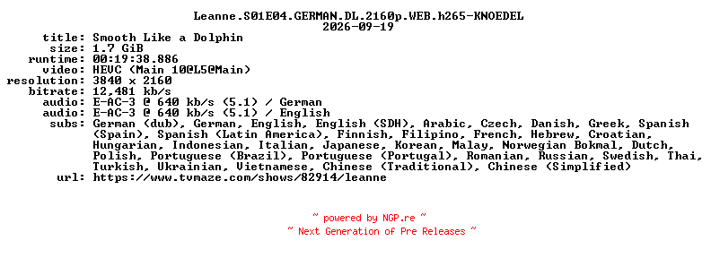 NFO for the release Leanne.S01E04.GERMAN.DL.2160p.WEB.h265-KNOEDEL by KNOEDEL