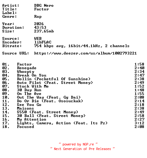 NFO for the release DBG_Nero-Factor-16BIT-WEB-FLAC-2026-VEXED by VEXED