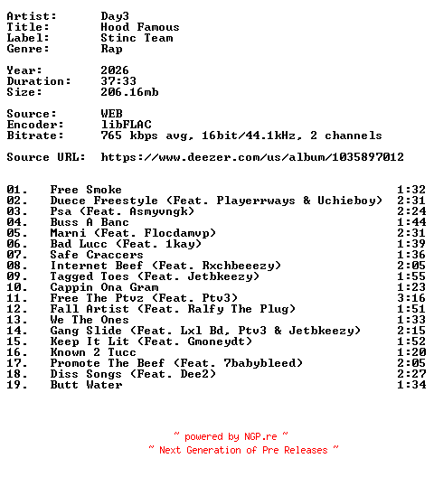 NFO for the release Day3-Hood_Famous-16BIT-WEB-FLAC-2026-VEXED by VEXED
