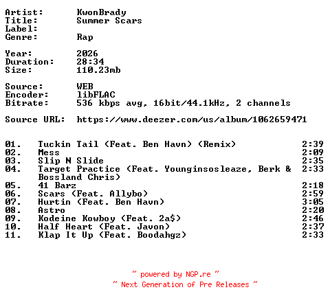NFO for the release KwonBrady-Summer_Scars-16BIT-WEB-FLAC-2026-VEXED by VEXED