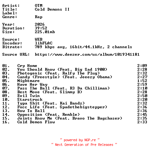 NFO for the release OTM-Cold_Demons_II-16BIT-WEB-FLAC-2026-VEXED by VEXED