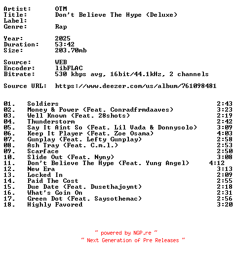 NFO for the release OTM-Dont_Believe_The_Hype_(Deluxe)-16BIT-WEB-FLAC-2025-VEXED by VEXED
