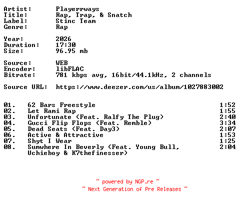 NFO for the release Playerrways-Rap_Trap_And_Snatch-16BIT-WEB-FLAC-2026-VEXED by VEXED