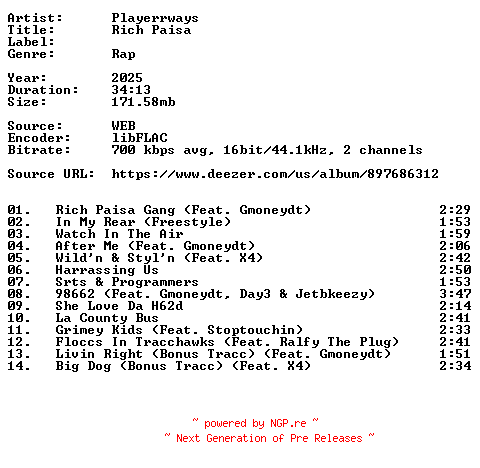 NFO for the release Playerrways-Rich_Paisa-16BIT-WEB-FLAC-2025-VEXED by VEXED