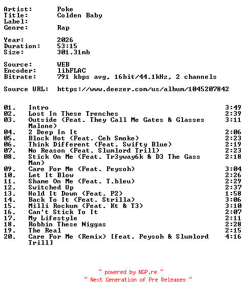 NFO for the release Poke-Colden_Baby-16BIT-WEB-FLAC-2026-VEXED by VEXED