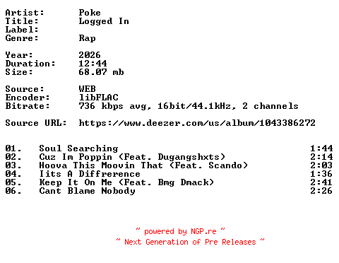 NFO for the release Poke-Logged_In-16BIT-WEB-FLAC-2026-VEXED by VEXED