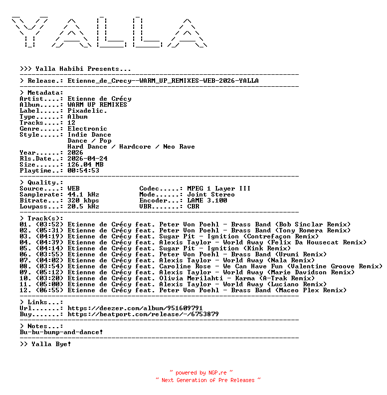 NFO for the release Etienne_de_Crecy--WARM_UP_REMIXES-WEB-2026-YALLA by YALLA