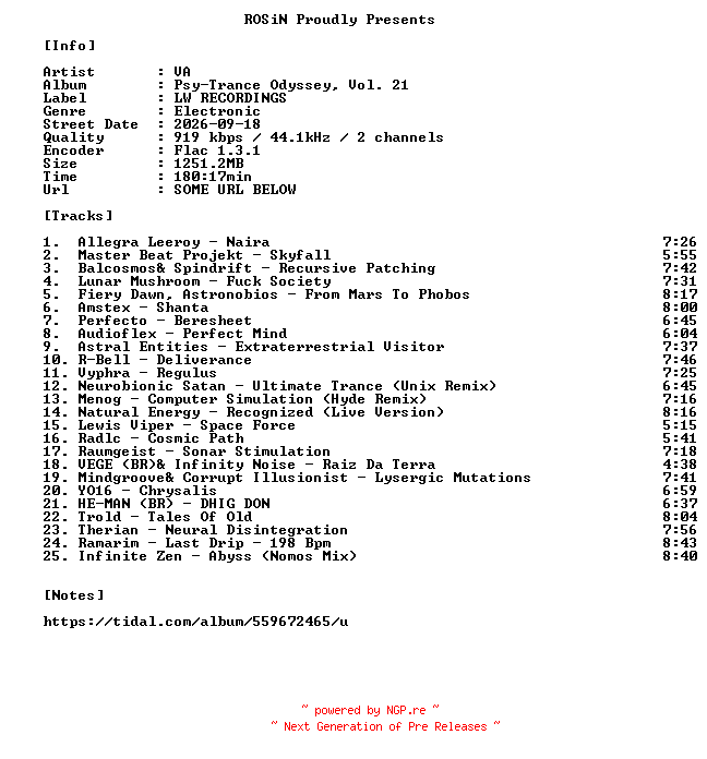 NFO for the release VA-Psy-Trance_Odyssey_Vol._21-16BIT-WEB-FLAC-2026-ROSiN by ROSiN
