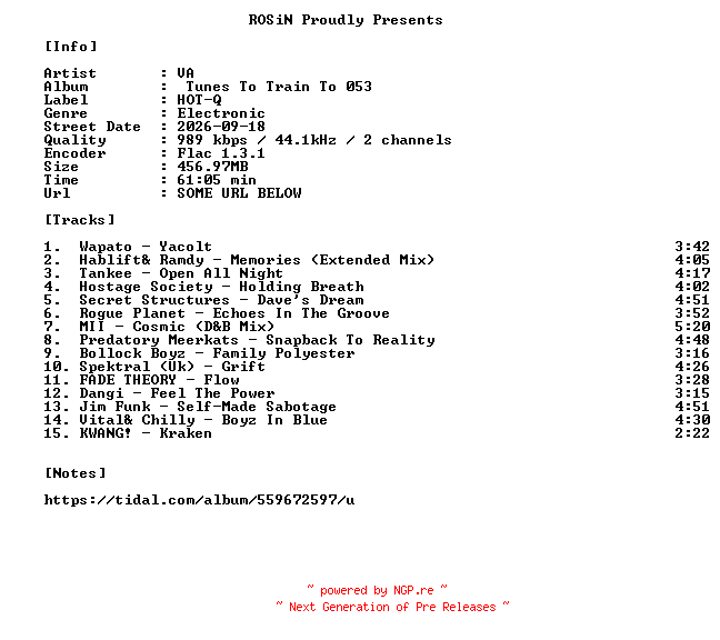 NFO for the release VA-Tunes_To_Train_To_053-16BIT-WEB-FLAC-2026-ROSiN by ROSiN