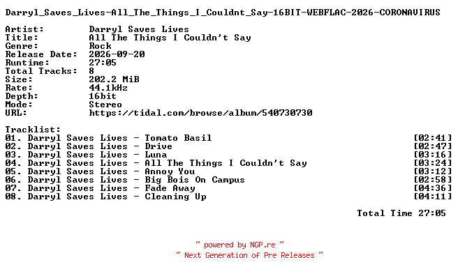 NFO for the release Darryl_Saves_Lives-All_The_Things_I_Couldnt_Say-16BIT-WEBFLAC-2026-CORONAVIRUS by CORONAVIRUS
