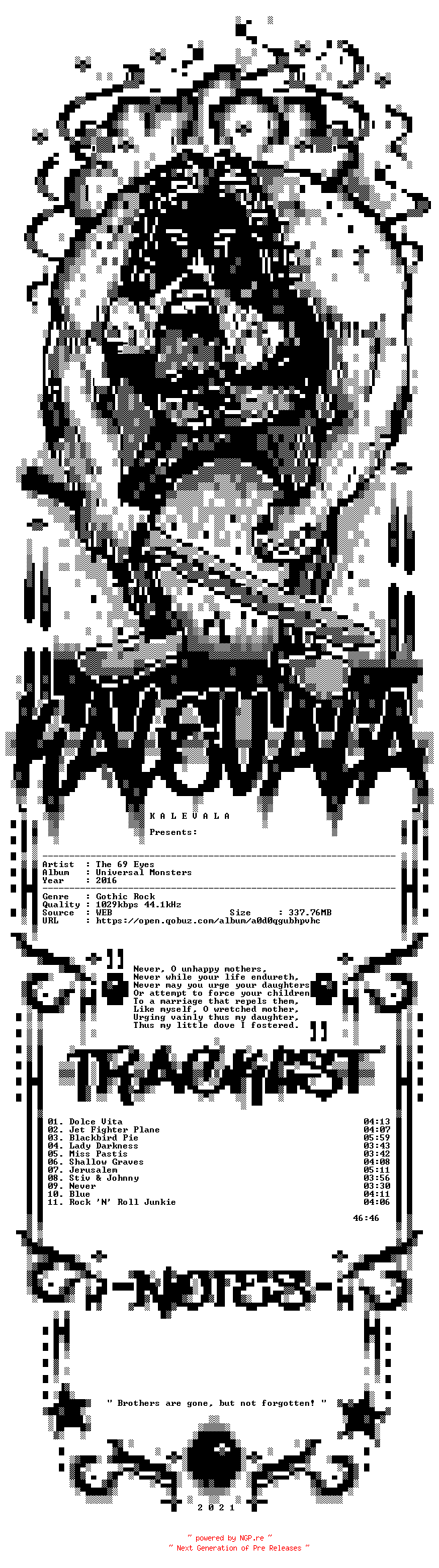 NFO for the release The_69_Eyes-Universal_Monsters-24BIT-WEB-FLAC-2016-KALEVALA by KALEVALA
