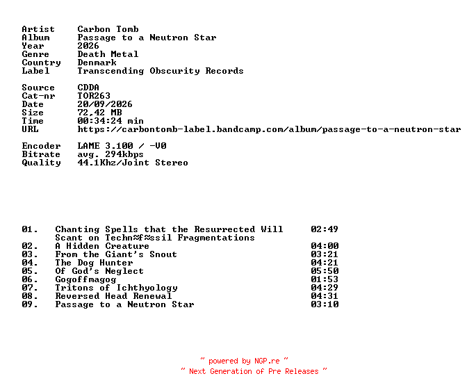 NFO for the release Carbon_Tomb-Passage_to_a_Neutron_Star-CD-2026-DiTCH by DiTCH