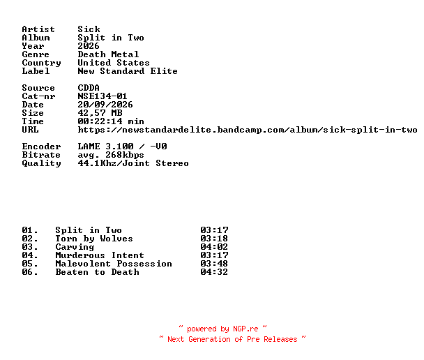 NFO for the release Sick-Split_in_Two-CD-2026-DiTCH by DiTCH