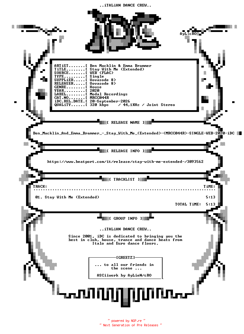 NFO for the release Ben_Macklin_And_Emma_Brammer_-_Stay_With_Me_(Extended)-(MRCC044R)-SINGLE-WEB-2020-iDC by iDC