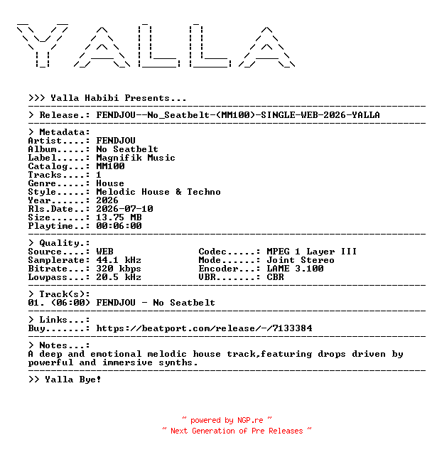 NFO for the release FENDJOU--No_Seatbelt-(MM100)-SINGLE-WEB-2026-YALLA by YALLA