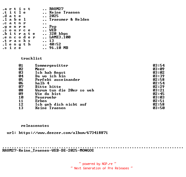 NFO for the release RAUM27-Keine_Traenen-WEB-DE-2025-MONGOS by MONGOS