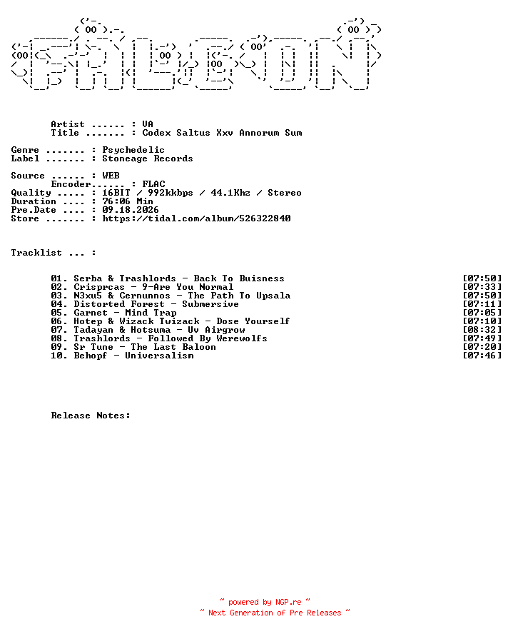 NFO for the release VA-Codex_Saltus_Xxv_Annorum_Sum-16BIT-WEB-FLAC-2026-FALCON by FALCON