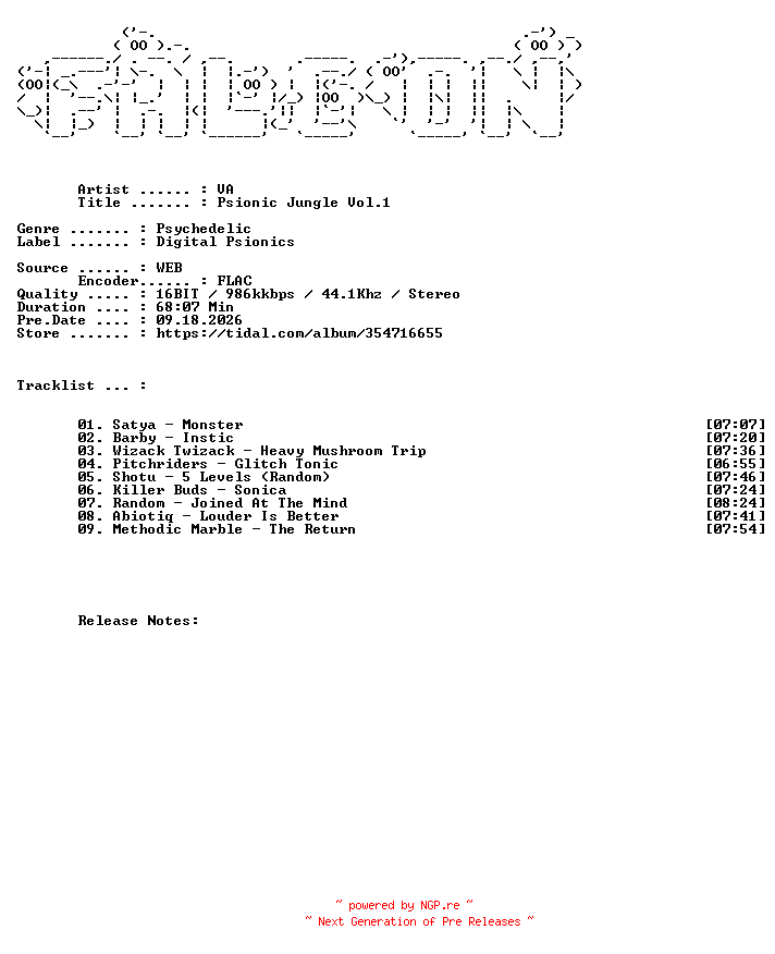 NFO for the release VA-Psionic_Jungle_Vol.1-16BIT-WEB-FLAC-2024-FALCON by FALCON