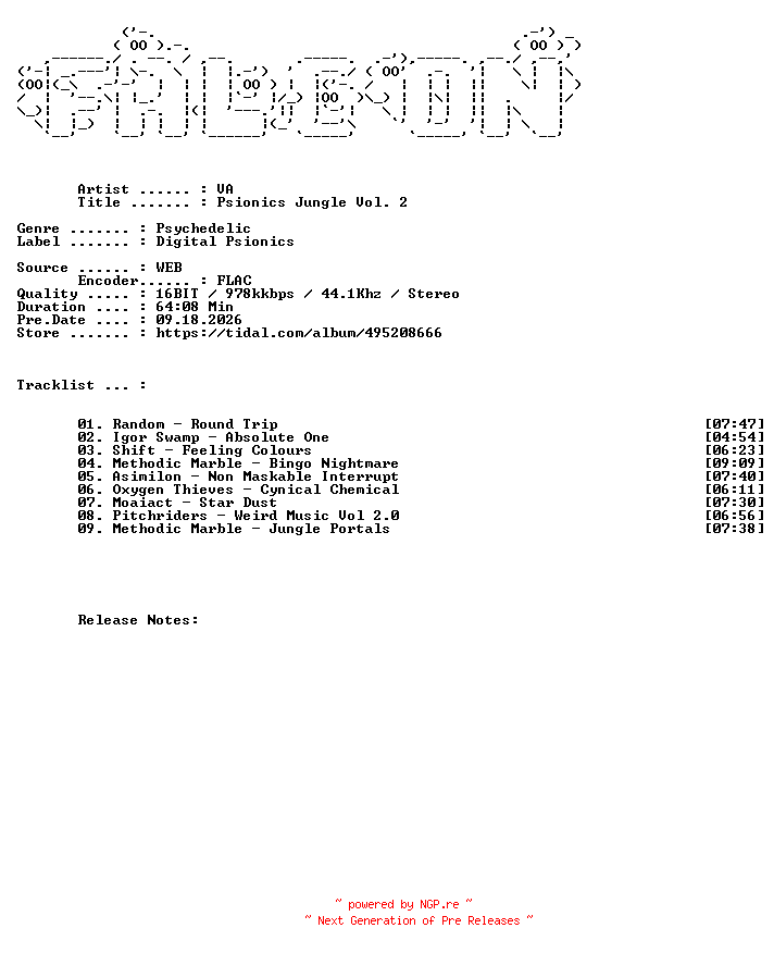 NFO for the release VA-Psionics_Jungle_Vol._2-16BIT-WEB-FLAC-2026-FALCON by FALCON