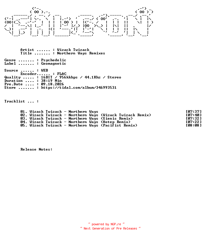 NFO for the release Wizack_Twizack-Northern_Ways_Remixes-16BIT-WEB-FLAC-2013-FALCON by FALCON