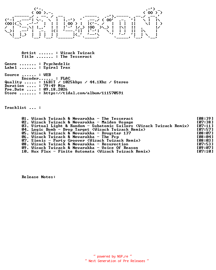 NFO for the release Wizack_Twizack-The_Tesseract-16BIT-WEB-FLAC-2019-FALCON by FALCON