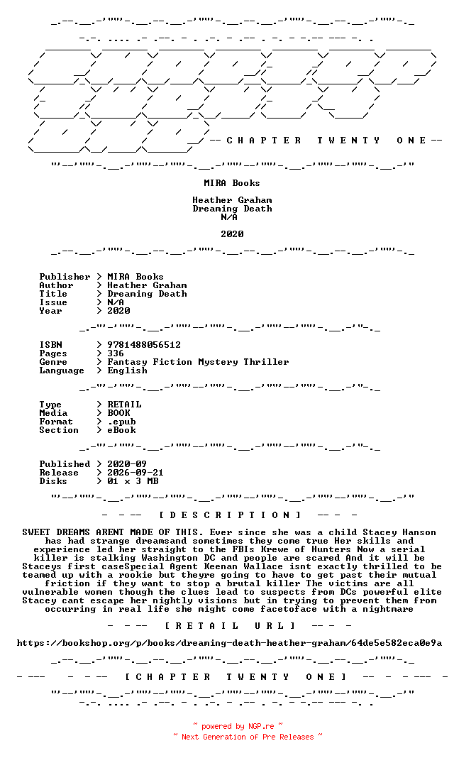 NFO for the release Heather.Graham.-.Dreaming.Death.2020.RETAIL.EPUB.eBook-CTO by CTO