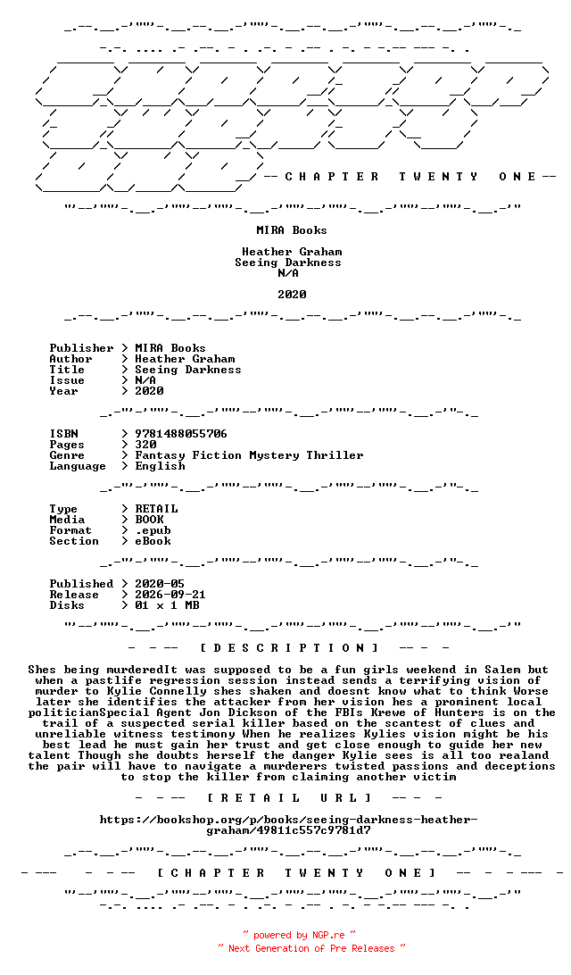 NFO for the release Heather.Graham.-.Seeing.Darkness.2020.RETAIL.EPUB.eBook-CTO by CTO