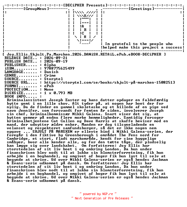 NFO for the release Joy.Ellis.Skjult.Pa.Marsken.2026.DANiSH.RETAiL.ePub.eBOOK-DECiPHER by DECiPHER