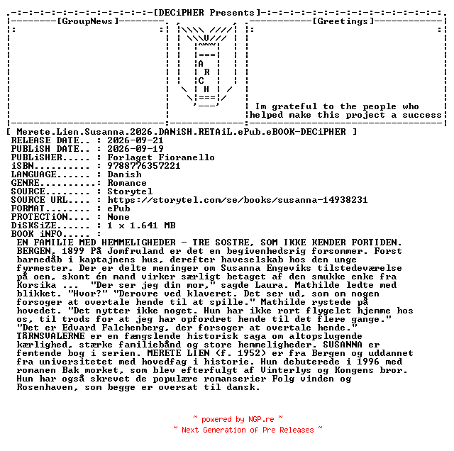 NFO for the release Merete.Lien.Susanna.2026.DANiSH.RETAiL.ePub.eBOOK-DECiPHER by DECiPHER