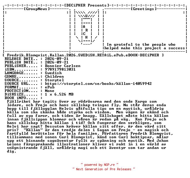 NFO for the release Fredrik.Blomqvist.Kallan.2026.SWEDiSH.RETAiL.ePub.eBOOK-DECiPHER by DECiPHER