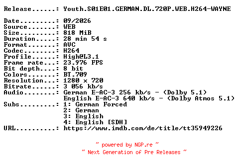 NFO for the release Youth.S01E01.GERMAN.DL.720P.WEB.H264-WAYNE by WAYNE