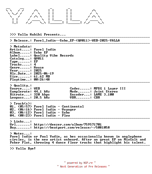 NFO for the release Pavel_Iudin--Soho_EP-(QV011)-WEB-2025-YALLA by YALLA