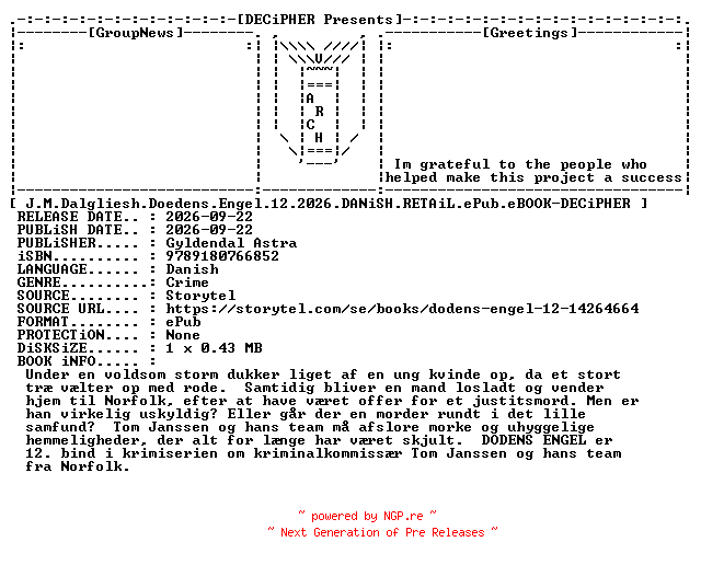 NFO for the release J.M.Dalgliesh.Doedens.Engel.12.2026.DANiSH.RETAiL.ePub.eBOOK-DECiPHER by DECiPHER