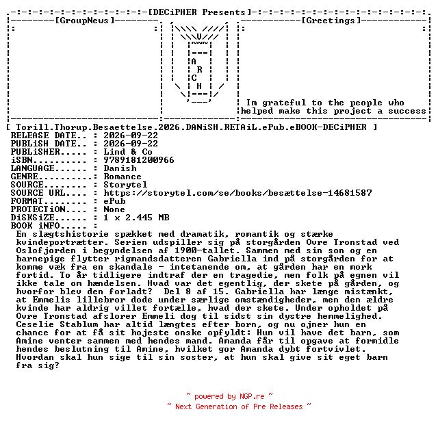 NFO for the release Torill.Thorup.Besaettelse.2026.DANiSH.RETAiL.ePub.eBOOK-DECiPHER by DECiPHER